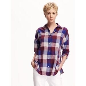 OLD NAVY “Boyfriend” Long Sleeve Blue/Burgundy Plaid Button Down Size Med ❤️💙